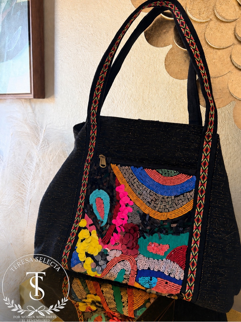 America & Beyond Black Beaded Sequin Boho Tote Bag Colorful Embellishe